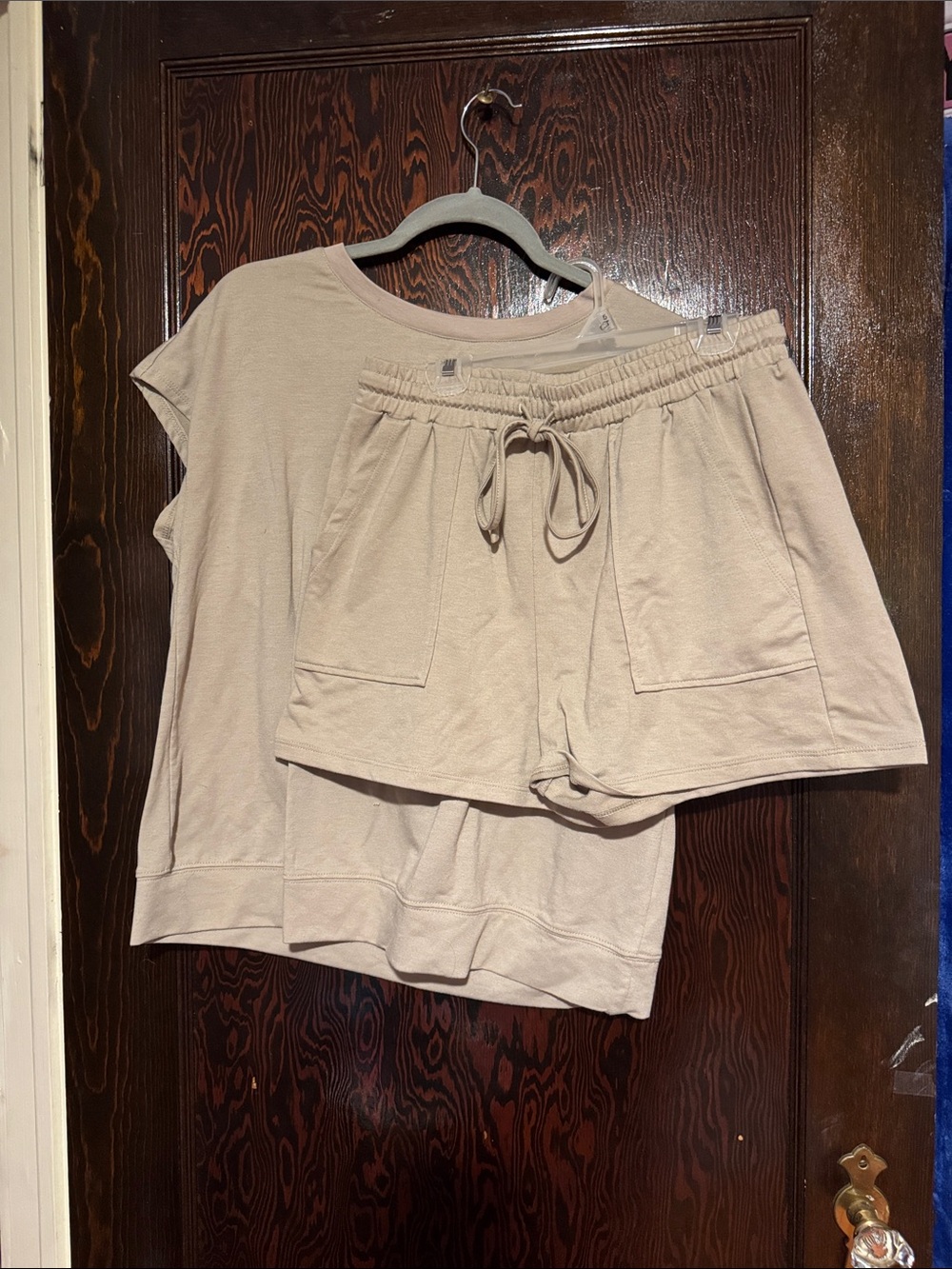 Women's Relaxed Short Sleeve Top & Drawstring Shorts Set - Beige